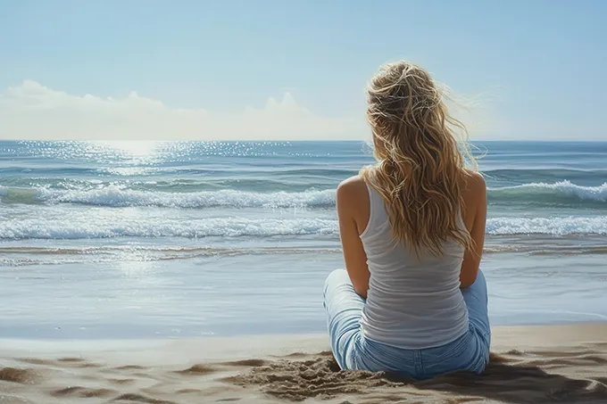 Junge Frau blickt aufs Meer